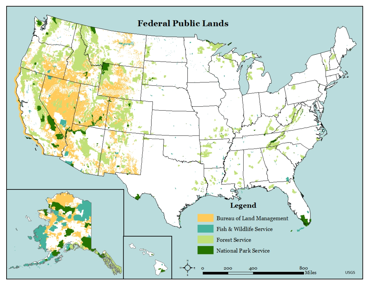 Map of federal public lands across the western United States managed by the Bureau of Land Management, U.S. Forest Service, Fish and Wildlife Service, and National Park Service