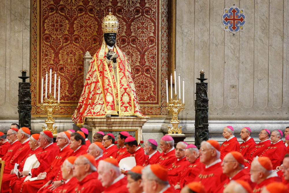 A Pope presiding over a pallium Mass at the Vatican, a ceremonial vestment-conferral rite for archbishops, amid the Catholic Church's decades-long reckoning with clergy sexual abuse