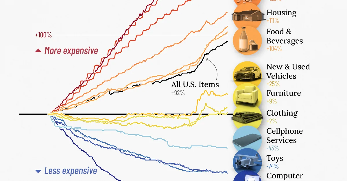 A chart showing price increases across different product categories from 2000 to 2025