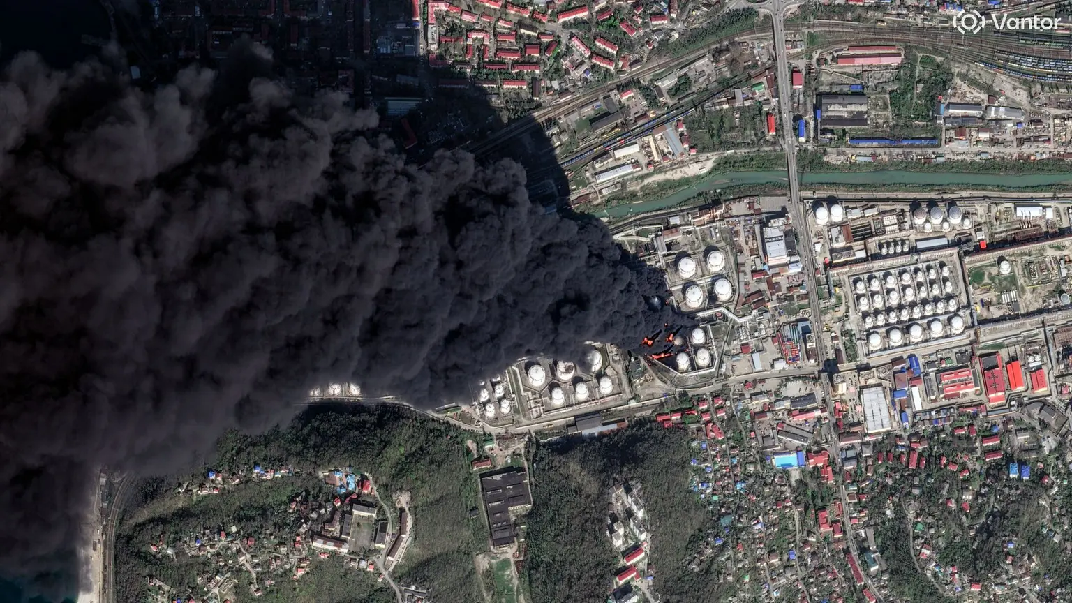 Black smoke rising over the Tuapse oil refinery in Krasnodar Krai after a Ukrainian drone strike in April 2026