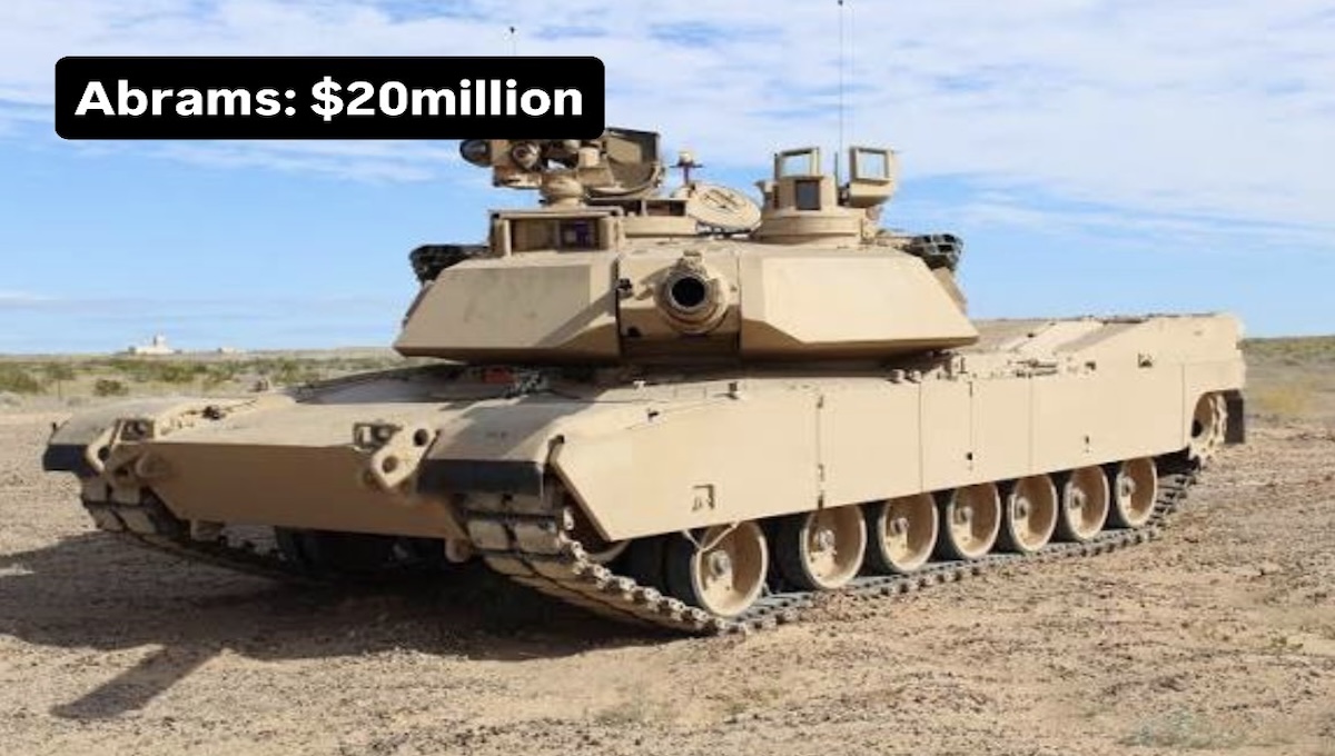 Image of an abrams tank with proce tag of 20million