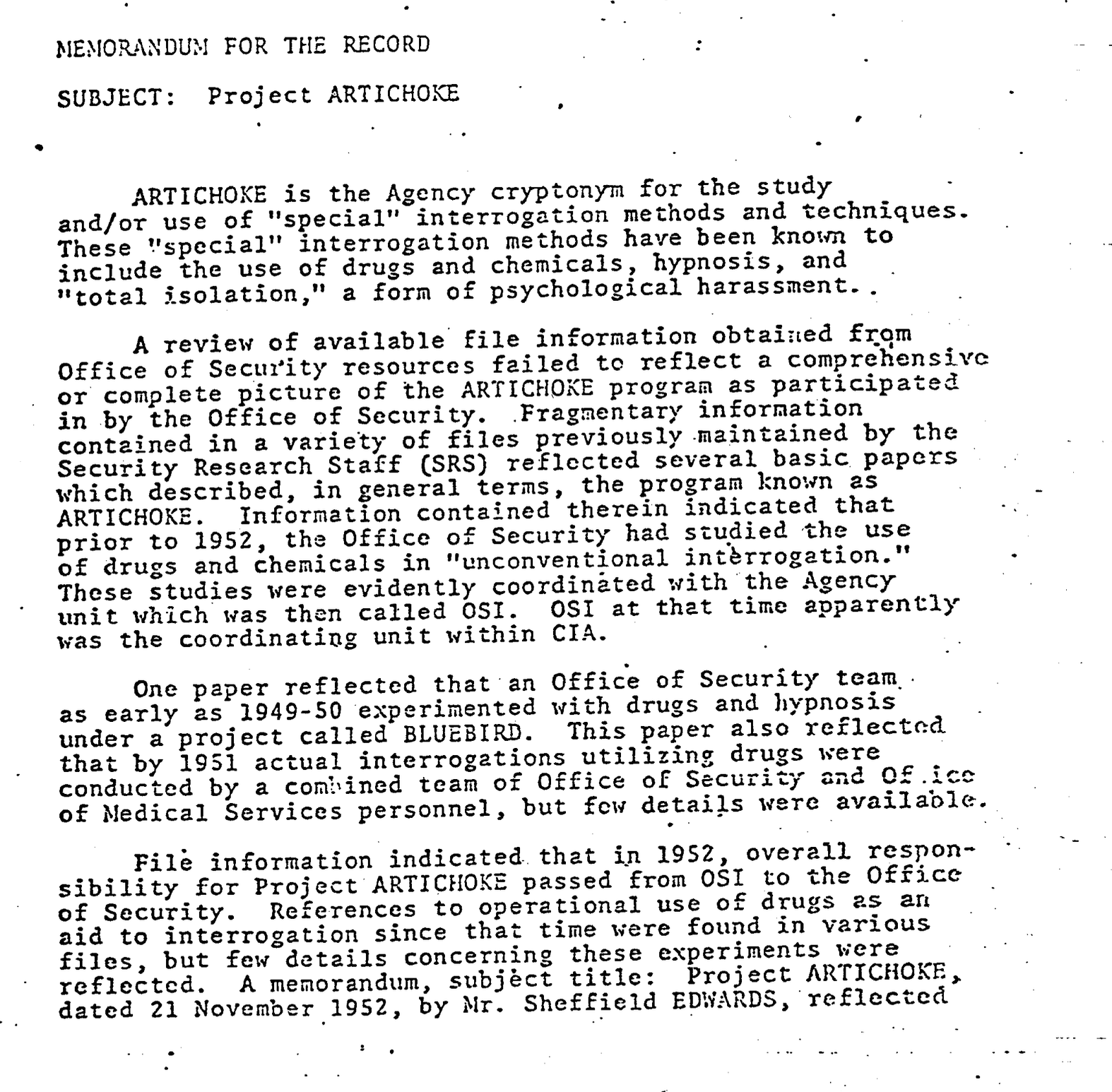 memo 2 from cia project artichoke and bluebird 