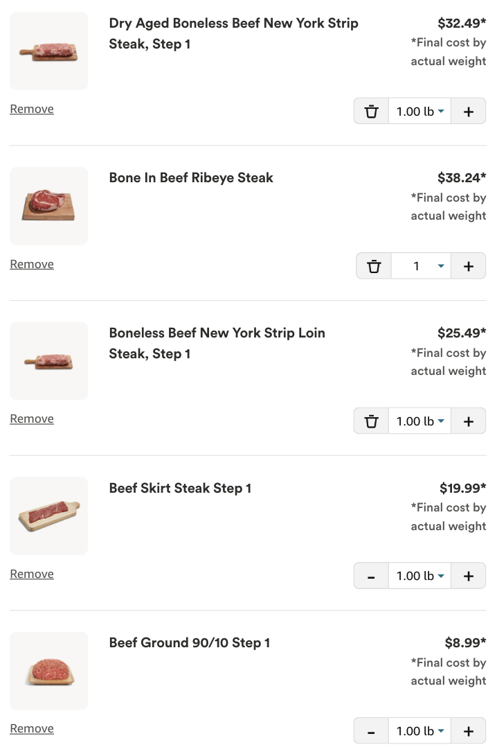A list from whole foods of their beef prices