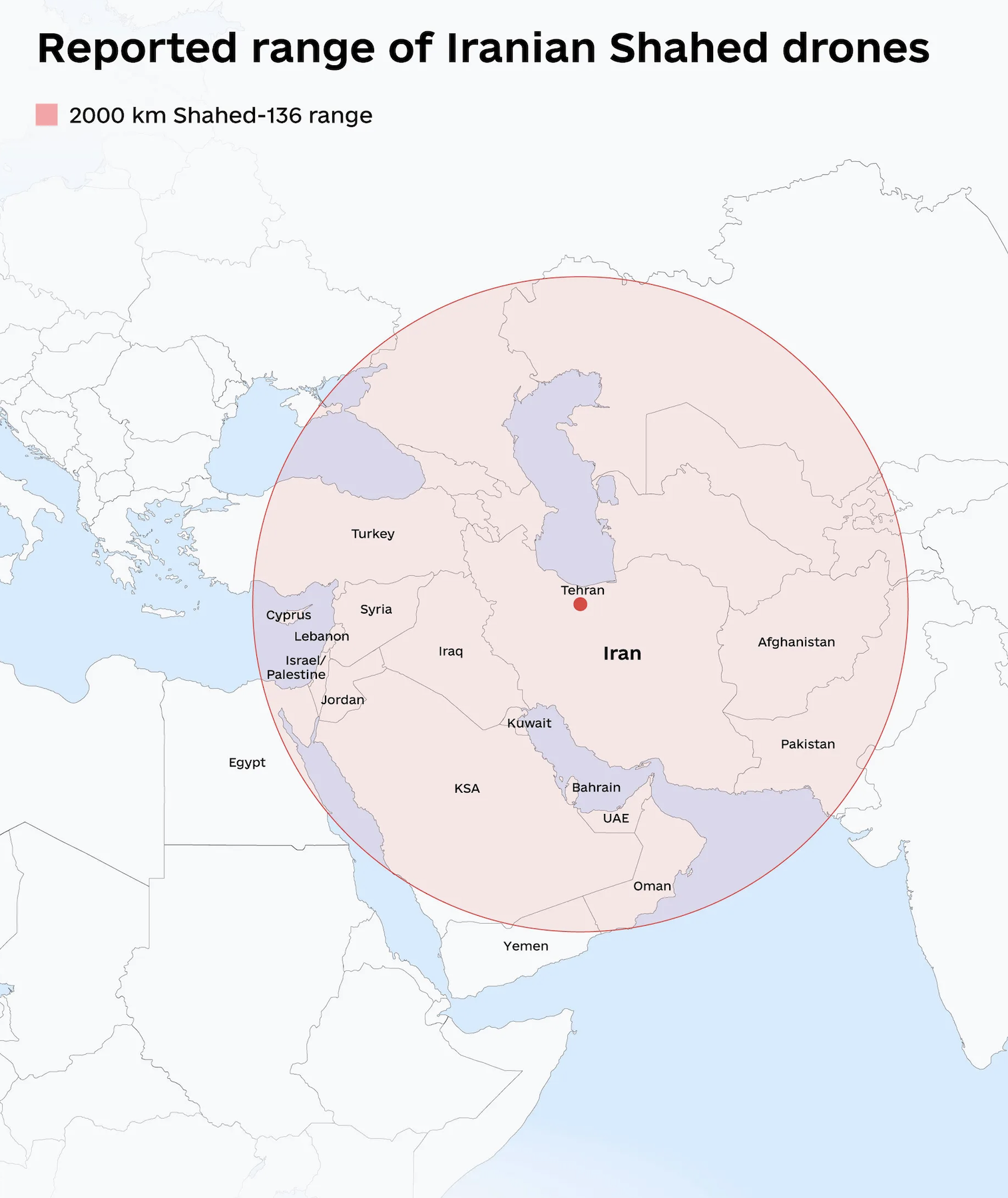 Reported range of Iranian Shahed drones