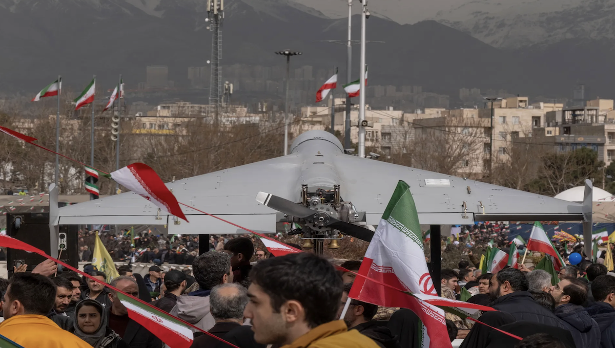 An Iranian-made Shahed-136 unmanned aerial vehicle is displayed in Tehran, Iran