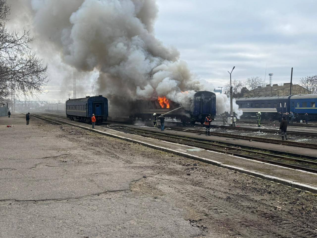 ukrainian train on fire from shaed drone